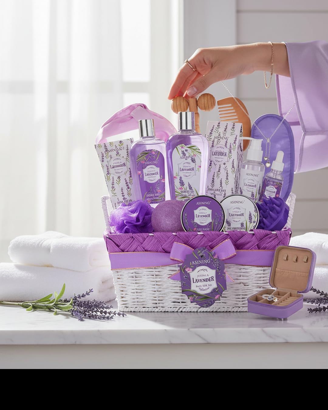 19-Pc Luxury Body Gift Set for Women, Lavender Bath and Body Gift Basket, Spa Gift Basket, Home Spa Gifts, Facial Care, Necklace, Skin Care gift set for Mother Day, Anniversary, Birthday, Christmas