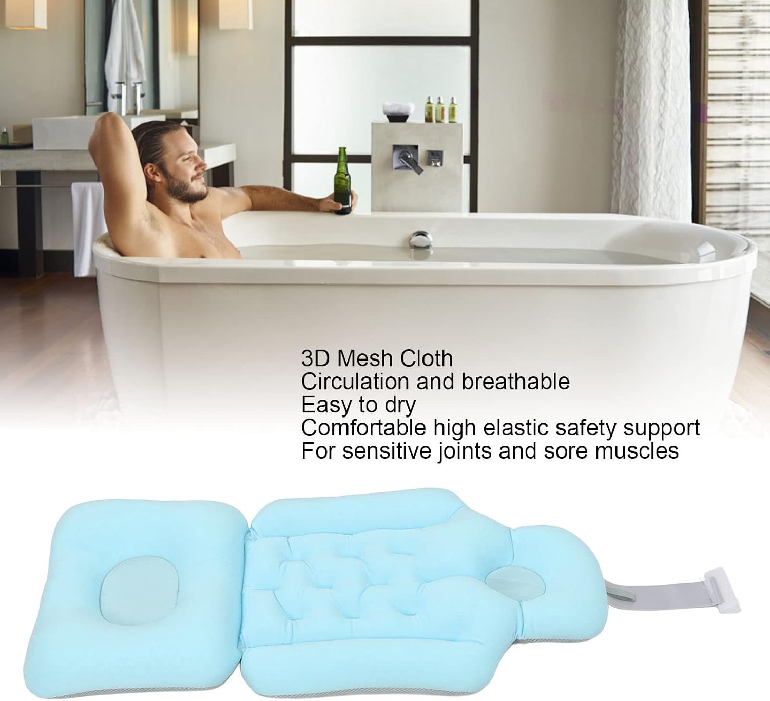 Full Body Bath Pillow Bathtub Cushion with Soft Folding Headrest, Back Support & Neck Support Pillow for Tub (Blue)