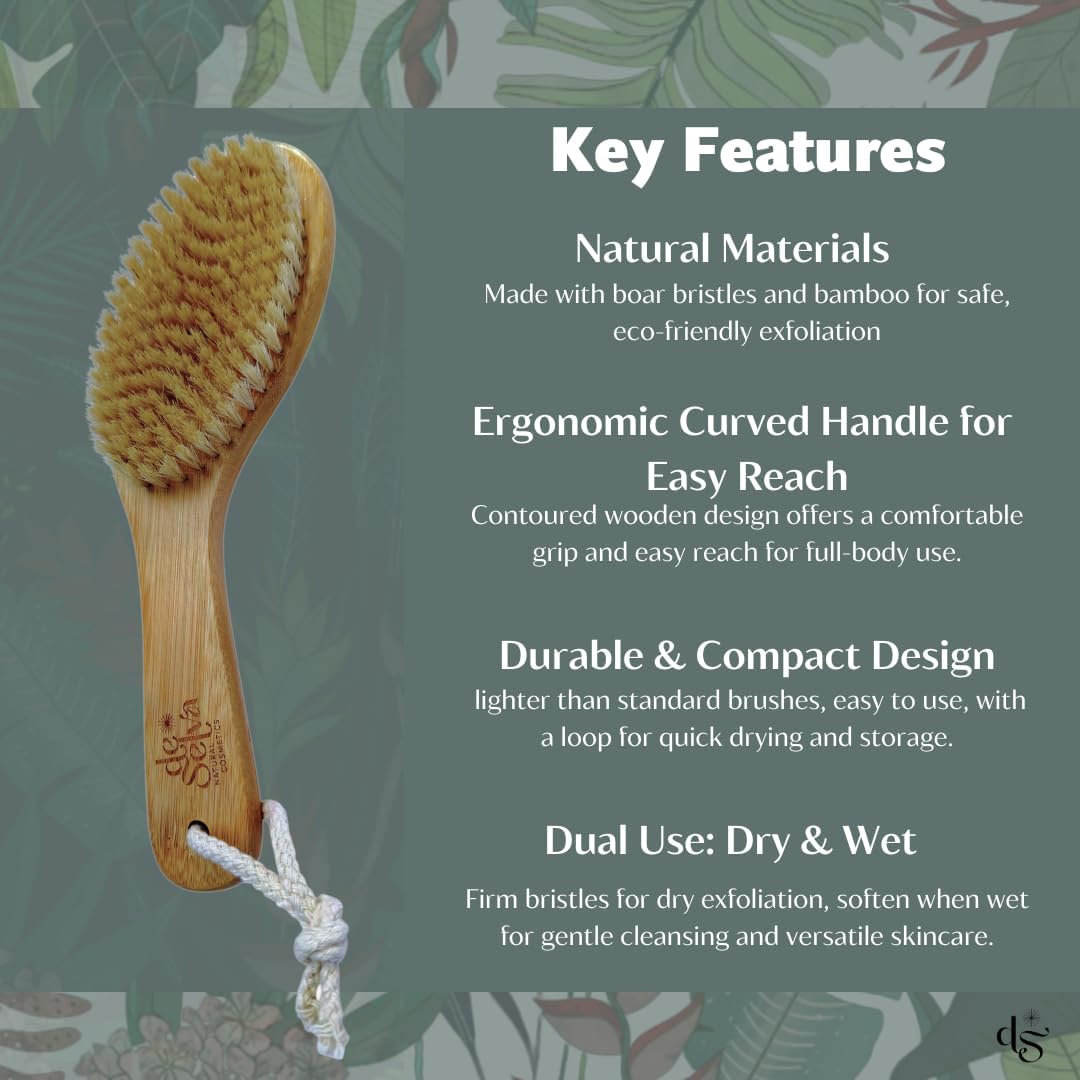 Dry Brush for body with Natural Boar Bristle & Bamboo Handle. Dry Body Brush for Lymphatic Drainage, Cellulite, Dead Skin. For Circulation & Smooth Skin. Gifts for Women.1 unit with box
