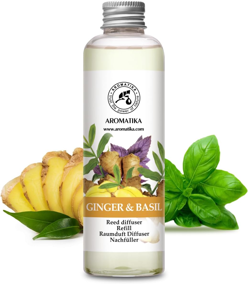 Reed Diffuser Refill Ginger & Basil 6.8 Fl Oz - Aroma Diffuser with Essential Ginger Oil - Fragrance Diffuser - Spicy and Fresh Fragrance - Natural Fragrance - Aromatherapy - Air Freshener