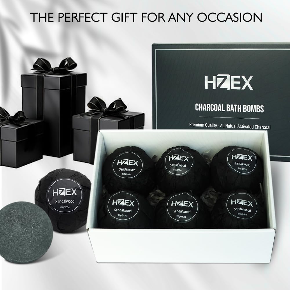 HZEX Charcoal Activated Bath Bombs for Men – Detox with Handmade Organic 6 Pack Bath Bomb Set, up to 3 Scents (Sandalwood, Bergamot, Ocean), Individually Wrapped (Sandalwood)