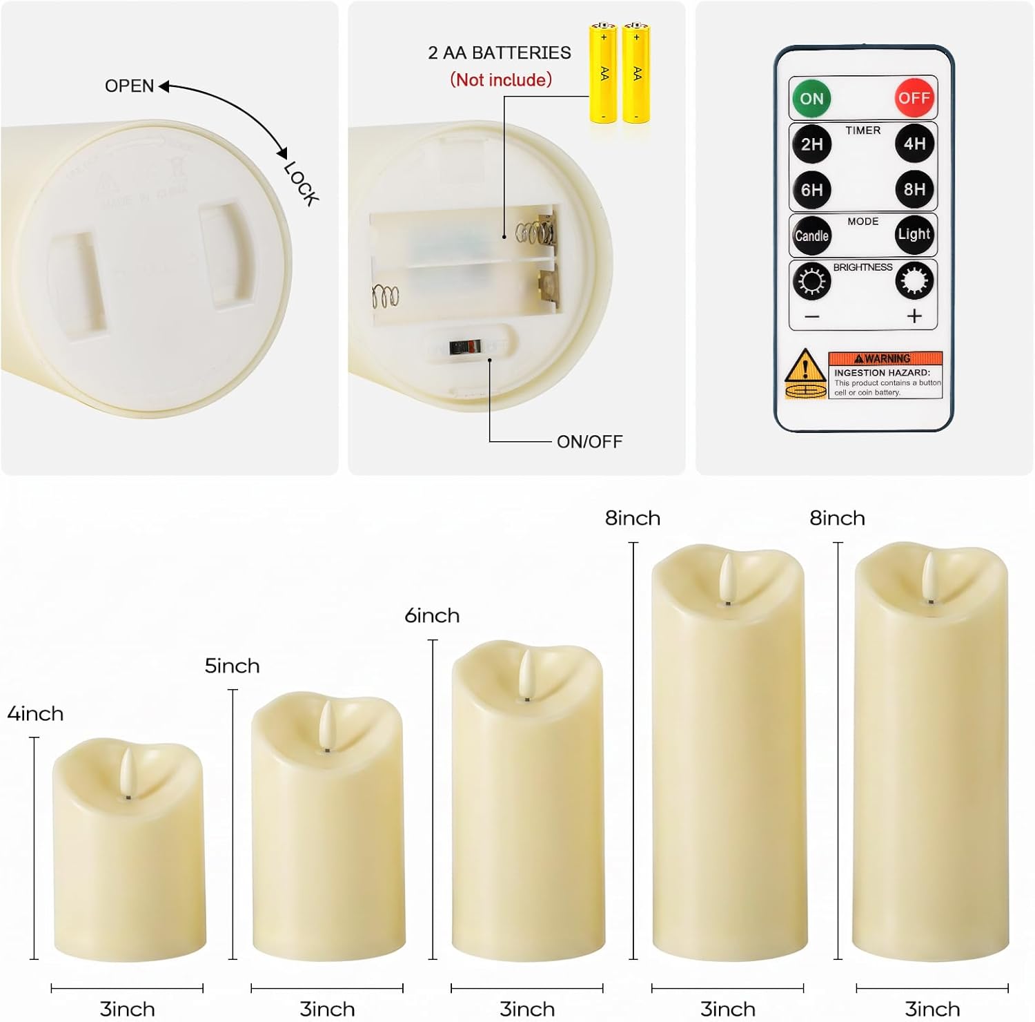 Amagic IP65 Waterproof Outdoor Flameless Candles with Remote, LED Candles Battery Operated with Timer, Flickering Fake Pillar Candle for Outside Patio Yard Decor, Dark Ivory, D3 X H4 5" 6" 8" 8"
