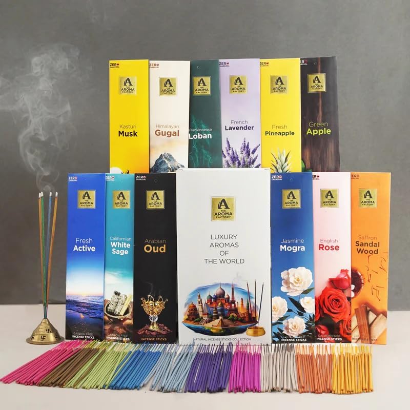 The Aroma Factory Natural Incense Sticks Combo Gift Set with 12 Exotic Agarbatti Fragrances [Artisinal Collection Luxury Aromas of The World] 240 gm