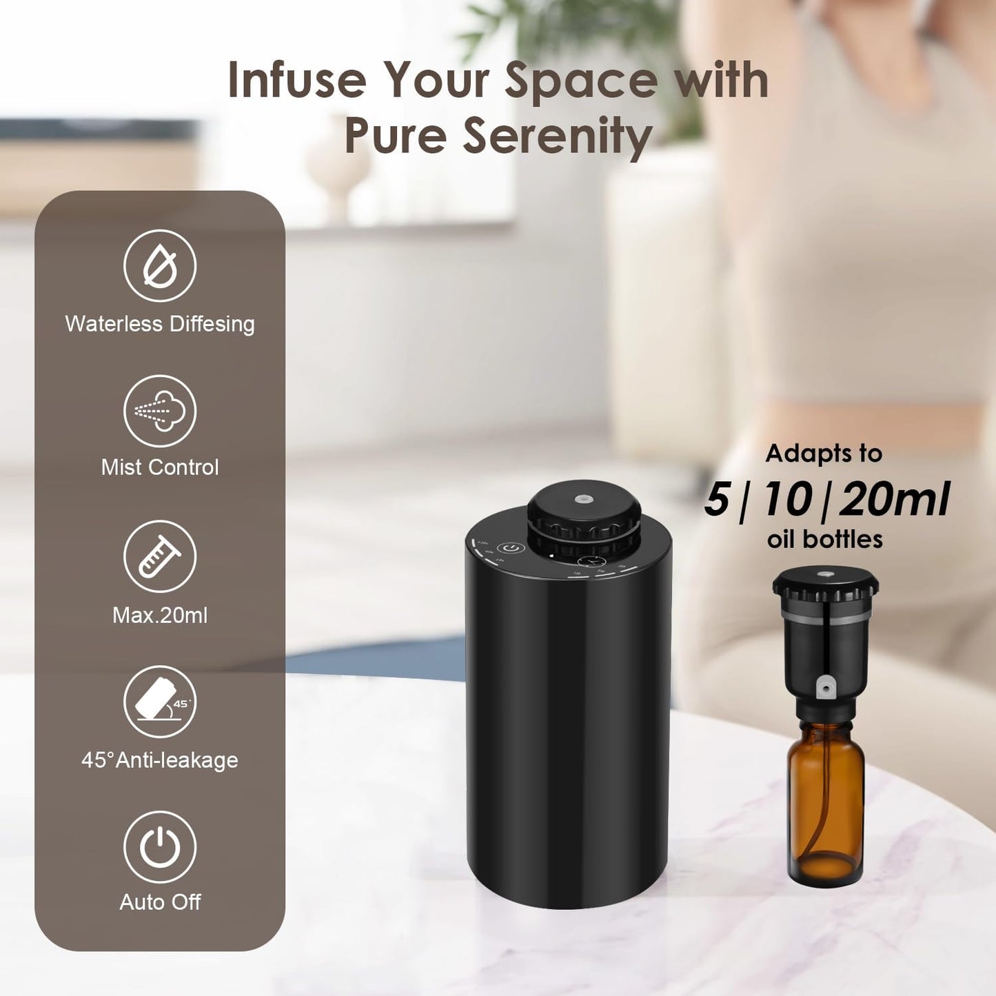 Waterless Diffuser for Essential Oil Nebulizer, 7 Colors LED Light, Battery Powered Mini Scent Air Machine, Aromatherapy Mist Diffuser for Home Room Car Office Black