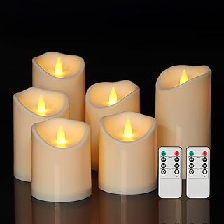 Outdoor Indoor Flameless Candles, Patented 3D Dual-LED, Set of 6 Slanted Top Durable Plastic Pillars with 2 Remotes & Timer, Non-Melting Waterproof Battery Candles for Patio Garden (Ivory)