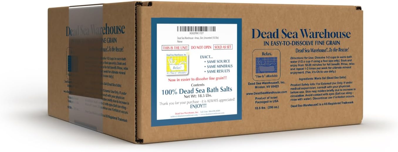 Dead Sea Warehouse – 100% Dead Sea Mineral Bath Salts – Great for Soothing Muscles Aches, Relaxation, Alleviate Skin Issues - Unscented - 18.5lbs (1 Box)