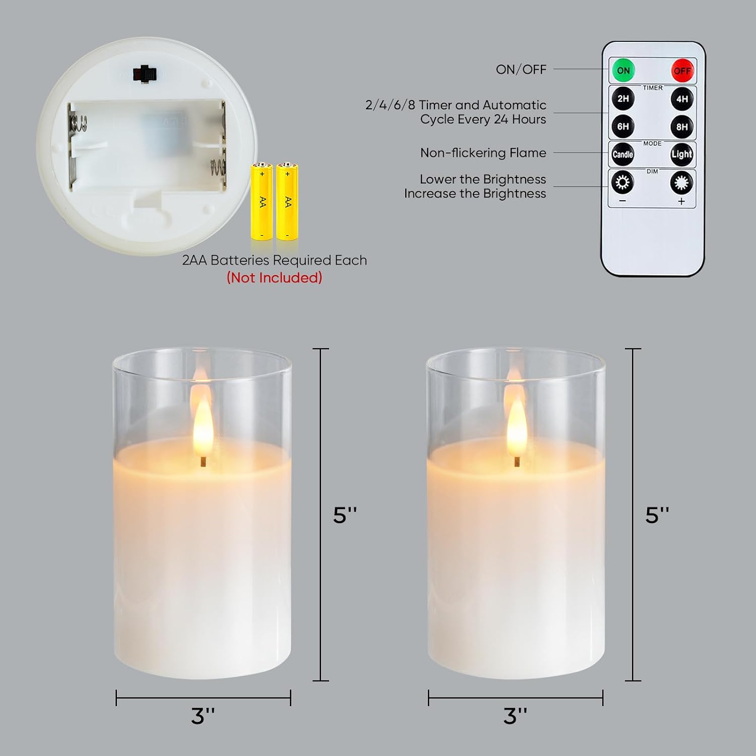 Amagic 3"x5" Clear Glass Flameless Candles Battery Operated with Timer, Remote Control, LED Pillar Candles, Battery Powered, Valentine's Day Decor, Pure White Wax, Set of 2