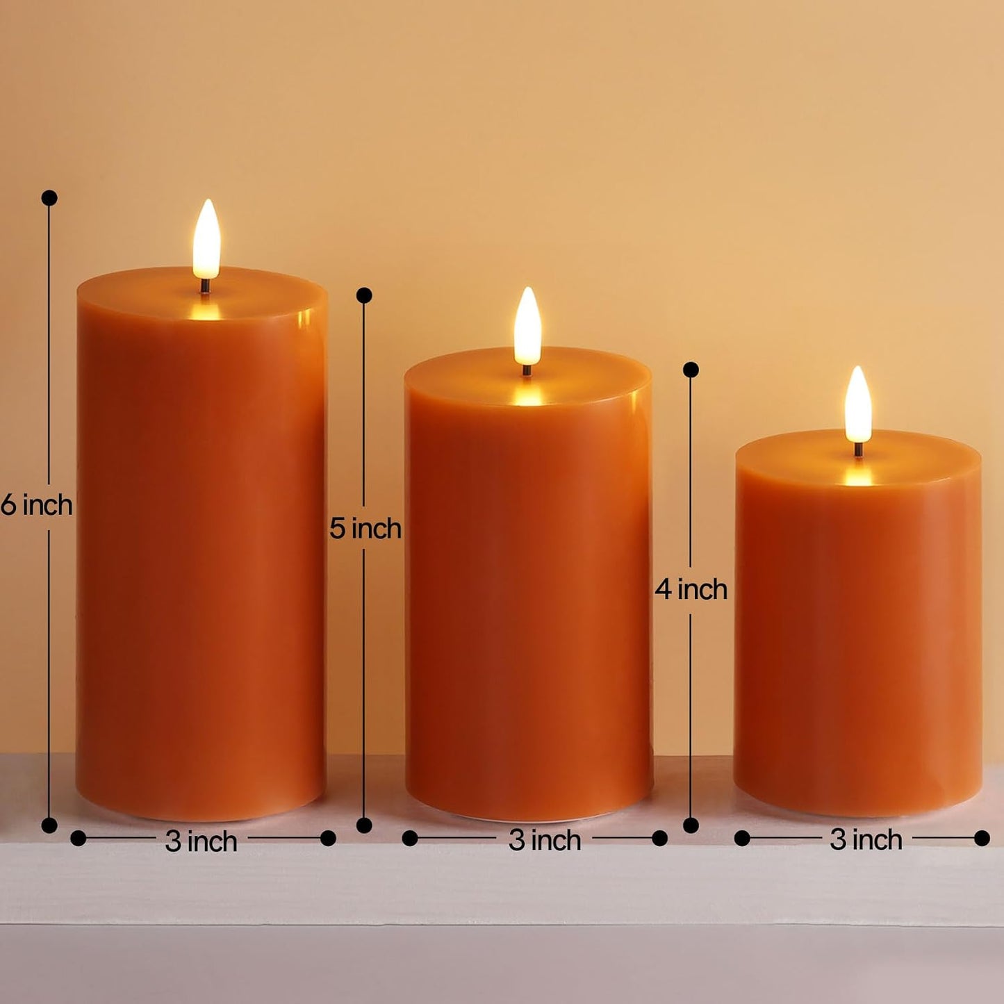 Burnt Orange Flameless Pillar Candles with Remote, Flickering LED Wax Candles Battery Operated Set of 3