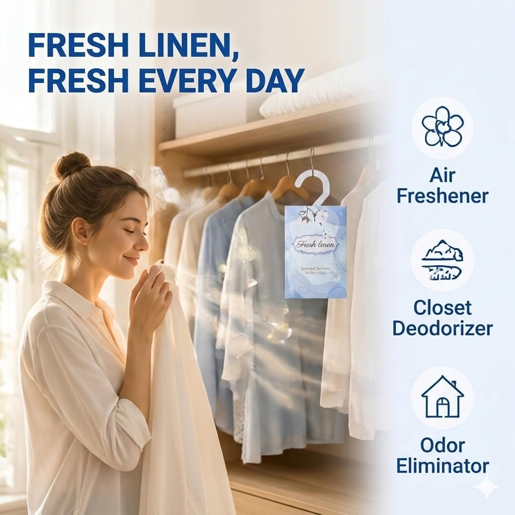 12 Packs Fresh Linen Hanging Scented Sachets for Drawers and Closets with Retractable Hook| Long-Lasting Closet Air Freshener & Closet Deodorizer | Closet Scent Freshener (Fresh Linen)