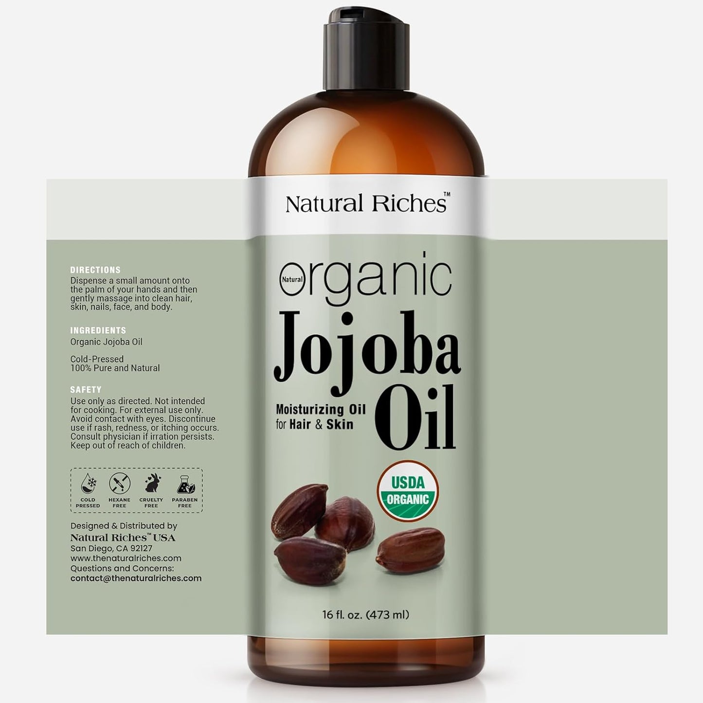 Natural Riches Organic Jojoba Oil, Pure (16 oz) | Moisturizing Oil for Face, Hair, Skin & Nails Cold Pressed Hexane Free Base Carrier oil.