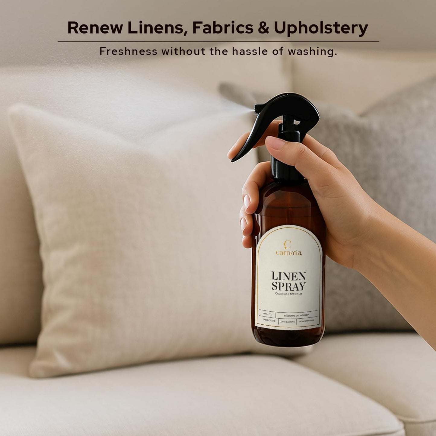 Carnatia Lavender Linen Spray – Calming Aromatherapy Mist with Essential Oils | Relaxing Fabric & Room Spray for Linens, Bedding & Curtains | 8 fl oz Bottle for Soothing Comfort