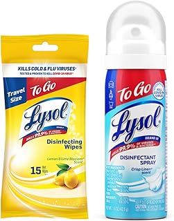 Lysol To Go Bundle - 1.5 Ounce Crisp Linen Disinfectant Spray and Lemon Lime Disinfecting Wipes Flat Pack