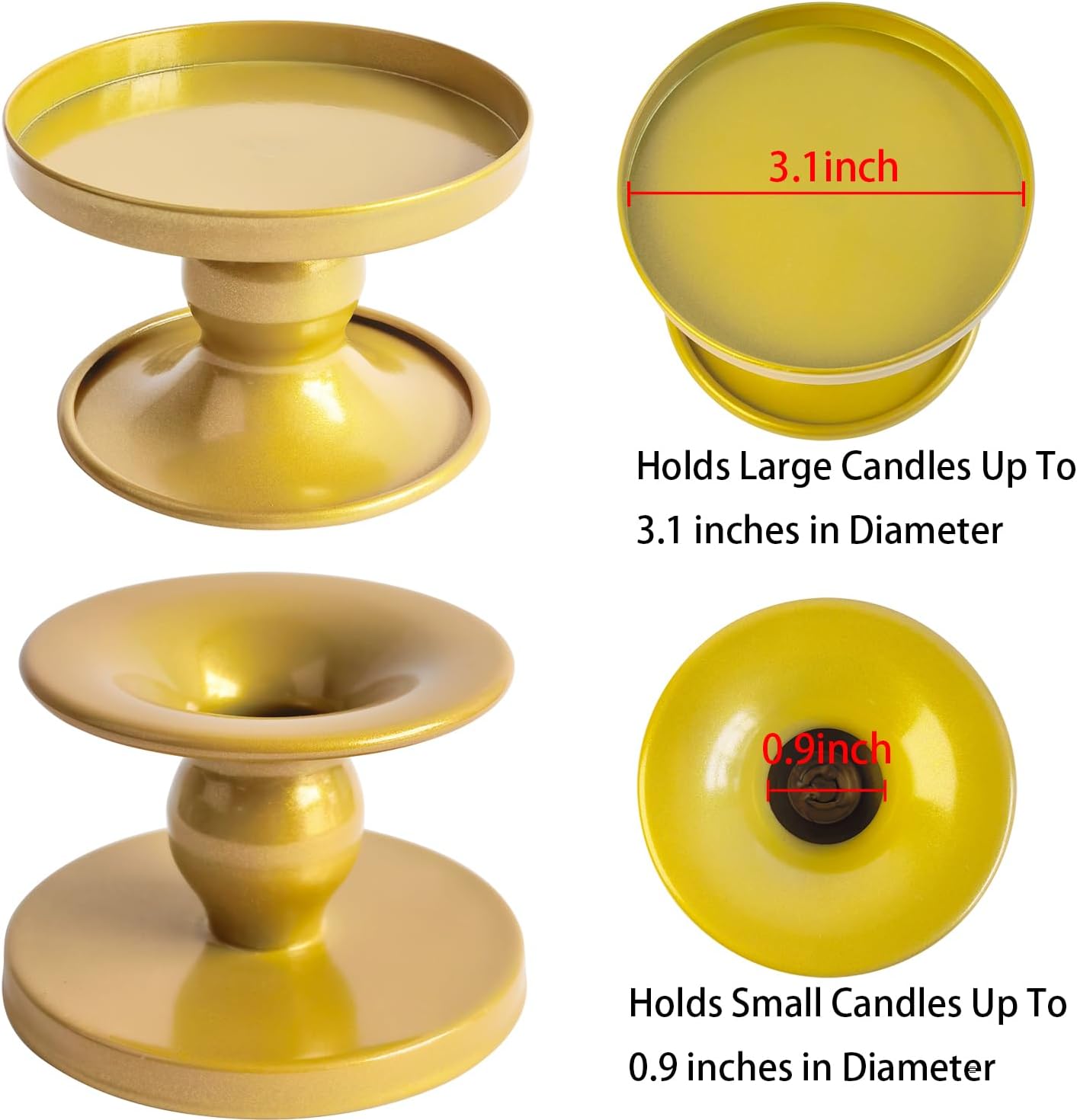Table Yellow Candle Holders – Set of 2 | Reversible Metal Candle Stand for Pillar & Taper Candles | Stylish Tabletop Candle Tray for Home Décor, Weddings & Special Occasions (Yellow)