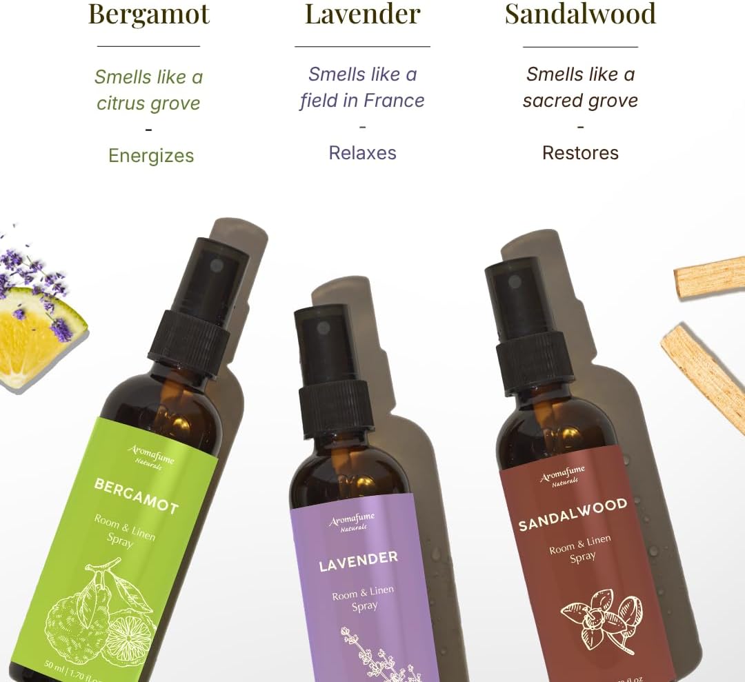 Lavender, Bergamot & Sandalwood Room & Linen Mist Gift Set by Aromafume | 3x50ml Natural Air Freshener Spray for Home, Fabric, Bedding & Pillows | Aromatherapy Fragrance, Relaxing & Calming Scent