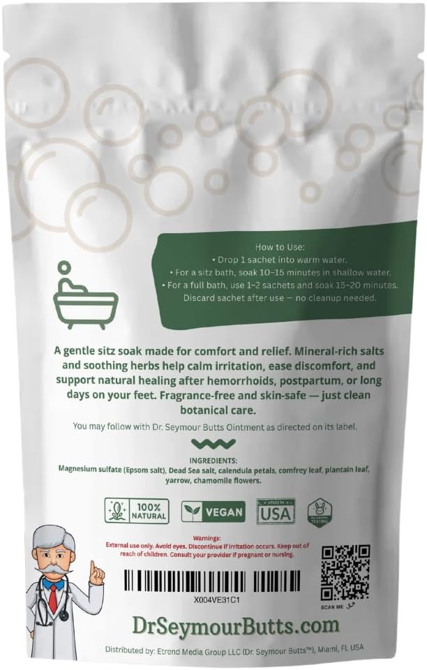 Hemorrhoid & Sitz Bath Support Soak – 5 Prefilled Sachets (50 g Each) | Epsom & Dead Sea Salts with Calendula, Chamomile, Plantain, Yarrow, Comfrey & Rose Petals | Fragrance-Free Comfort Soak