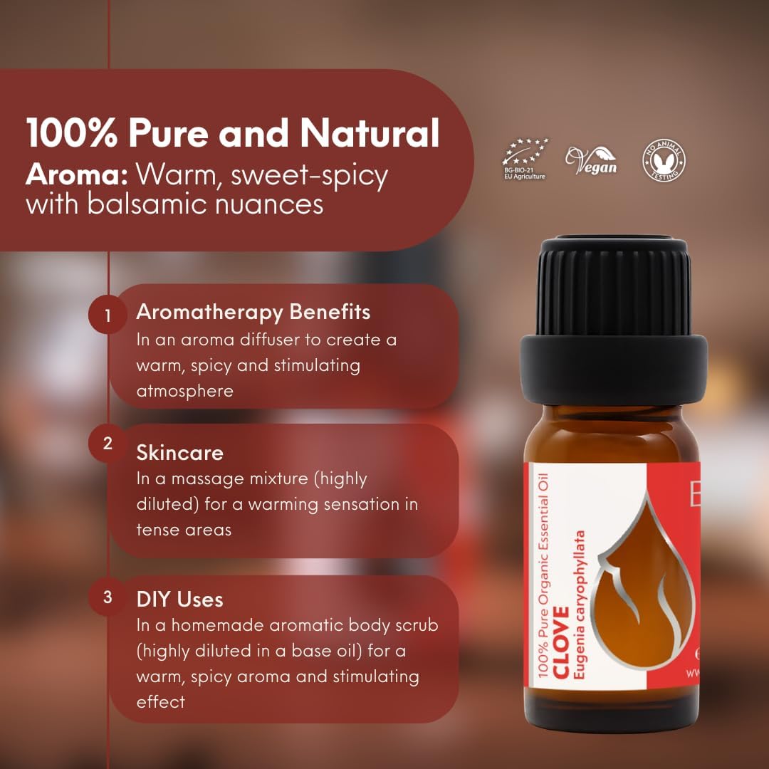 Essences Bulgaria Organic Clove Essential Oil 0.34 Fl Oz | 10ml | Eugenia caryophyllata | 100% Pure and Natural | Undiluted | Therapeutic Grade | Aromatherapy | Cosmetics | Cruelty Free | Non-GMO