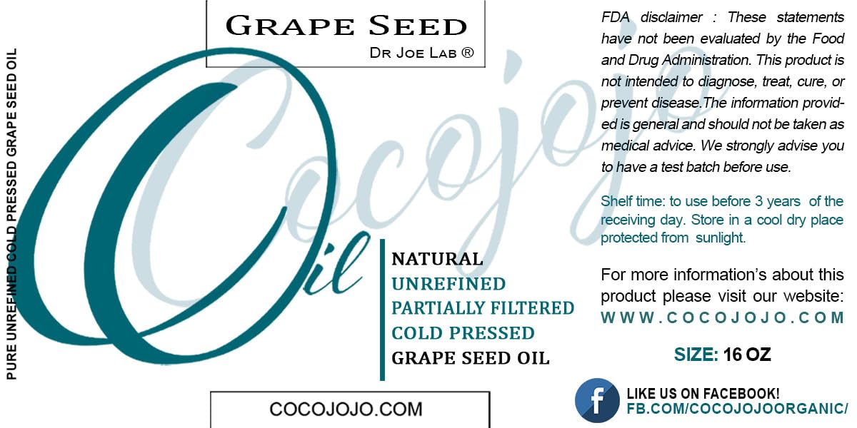 Grapeseed Oil Pure Natural Organically Sourced Grape Seed Cold Pressed 16 or 32 oz Hair Face Skin Massage Moisturizing (16 oz)
