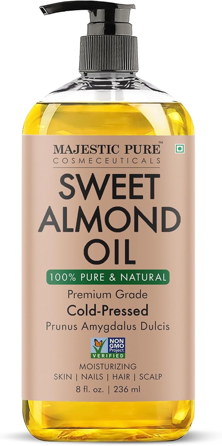 Majestic Pure Oil - 100% Pure and Natural- Cold Pressed & Hexane Free Natural Hair Growth Oil for Eyelashes, Eyebrows, Skin, Body, Face, Nails & Scalp - Sweet Almond Oil 8 Fl Oz