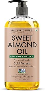 Majestic Pure Oil - 100% Pure and Natural- Cold Pressed & Hexane Free Natural Hair Growth Oil for Eyelashes, Eyebrows, Skin, Body, Face, Nails & Scalp - Sweet Almond Oil 8 Fl Oz