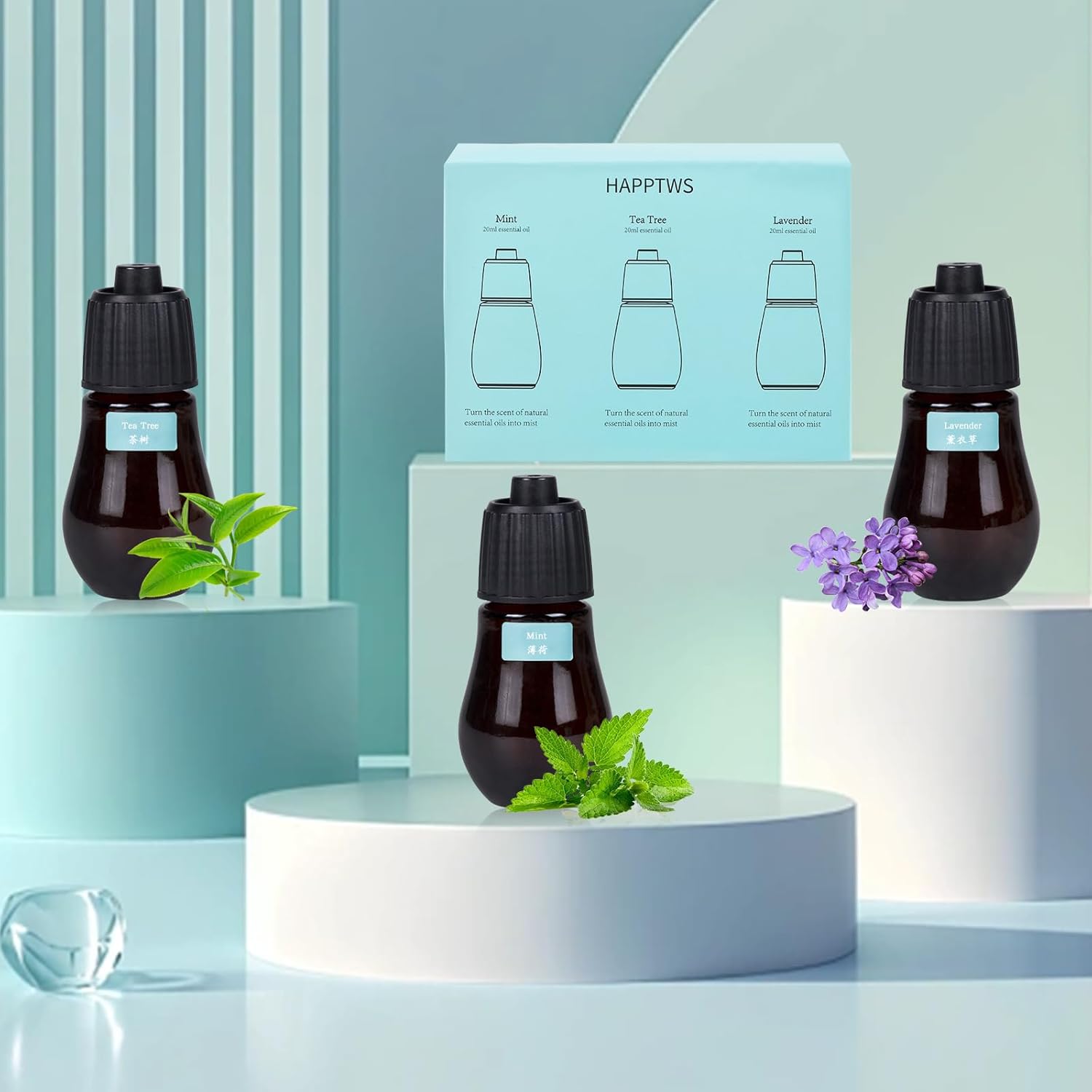 HAPPTWS 3-Pack Essential Oil Kit - Diffuser Oil Use to HAPPTWS Waterless Diffuser Mint/Tea Tree/Lavender