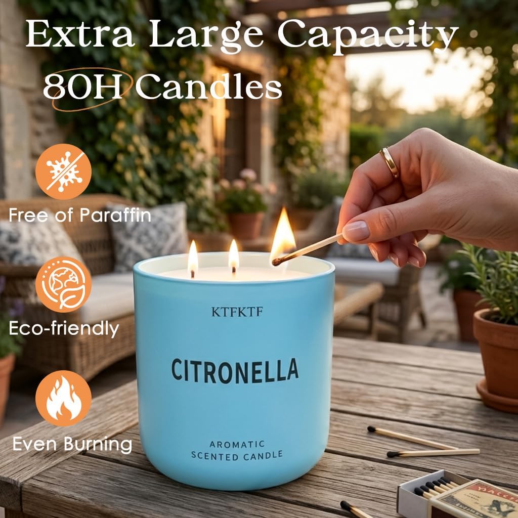 Citronella Candles Outdoor - 14.1oz Large 3 Wick Jar Candle with 80 Hour Burn, Natural Soy Wax, Non-Toxic Outdoor Candle for Patio, Camping, Backyard & Home