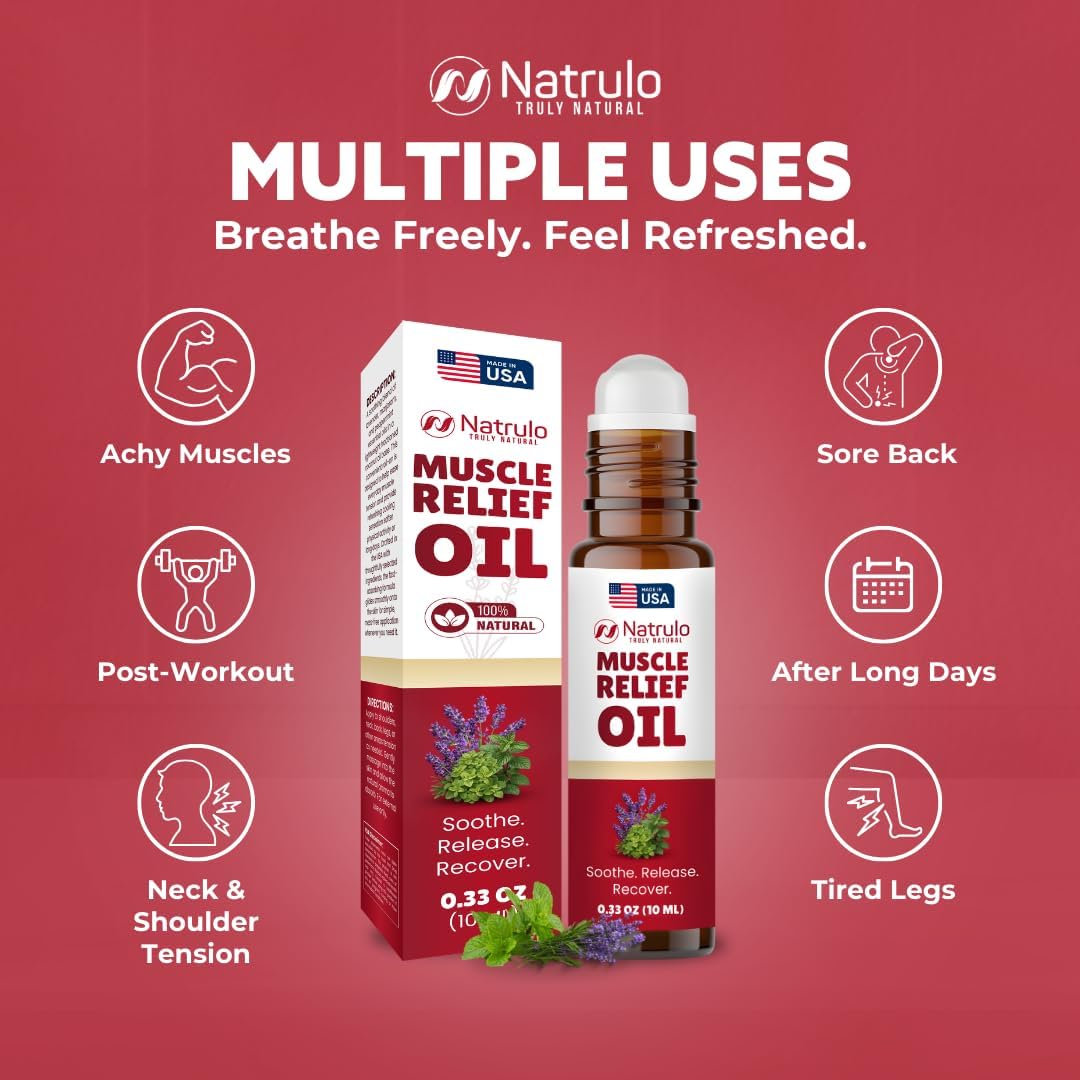 Muscle Relief Oil Roll-On – Cooling Essential Oil Roll On for Tired Joints, Muscles, Neck, Back, Shoulders & Feet – Peppermint, Lavender & Marjoram Massage Oil – Post Workout Muscle Rub – Made in USA