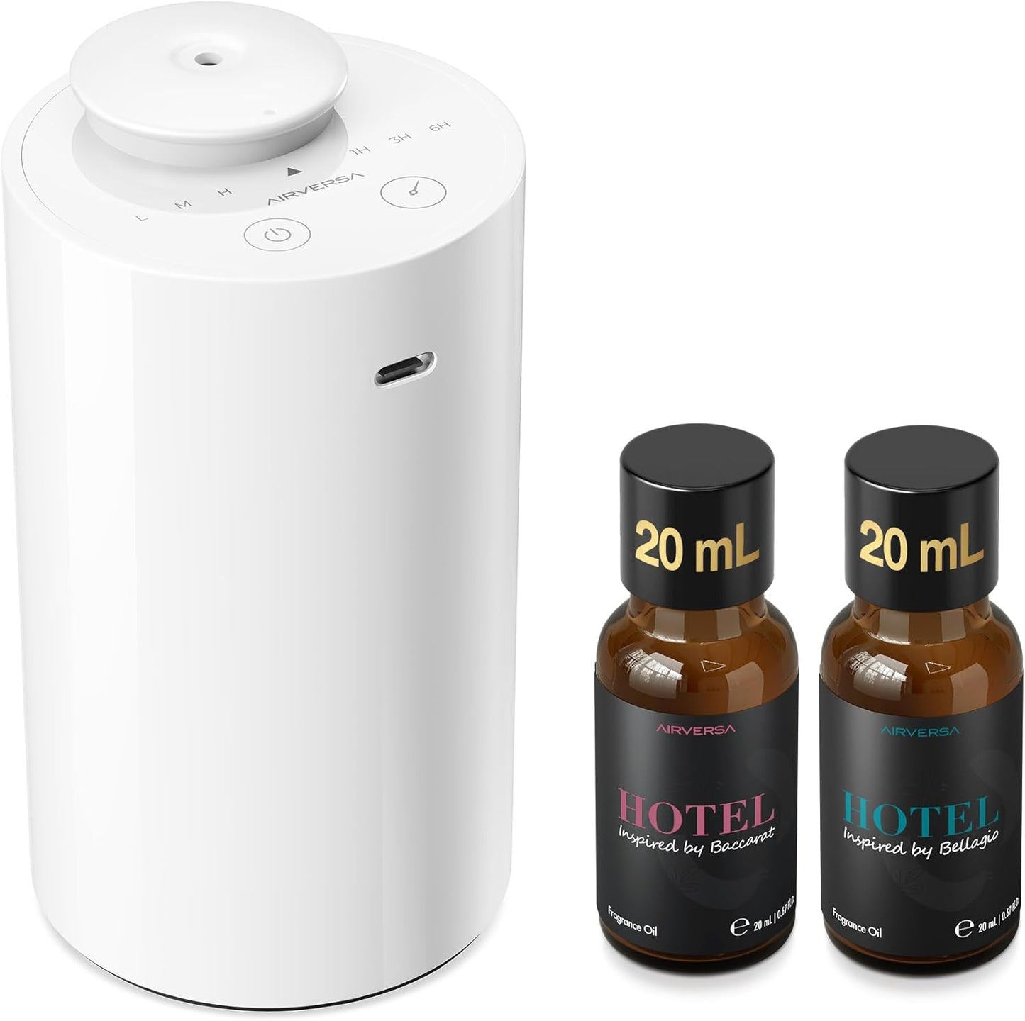Airversa Waterless Essential Oil Diffuser Starter Kit with 2x20mL Hotel Fragrance Oils, Cordless Nebulizer for Car Home Office, Up to 600 sq ft, Mist/Timer Settings, Baterry Operated, AN6Kit-B, White