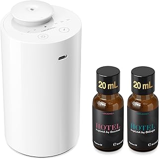 Airversa Waterless Essential Oil Diffuser Starter Kit with 2x20mL Hotel Fragrance Oils, Cordless Nebulizer for Car Home Office, Up to 600 sq ft, Mist/Timer Settings, Baterry Operated, AN6Kit-B, White