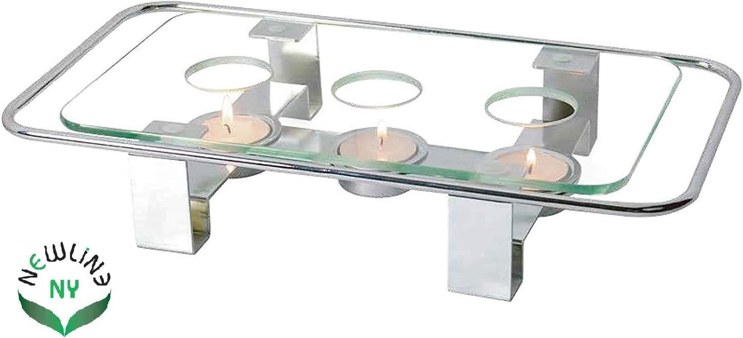 NewlineNY Chrome Plated Glass Dish Warmer, Rectangular Glass-Top 3 Holes Tea Light Votive Candle Gourmet Food Warmer