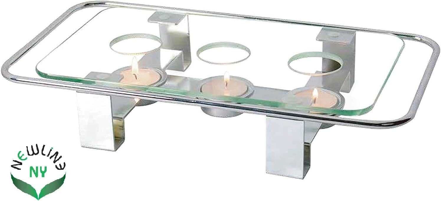 NewlineNY Chrome Plated Glass Dish Warmer, Rectangular Glass-Top 3 Holes Tea Light Votive Candle Gourmet Food Warmer