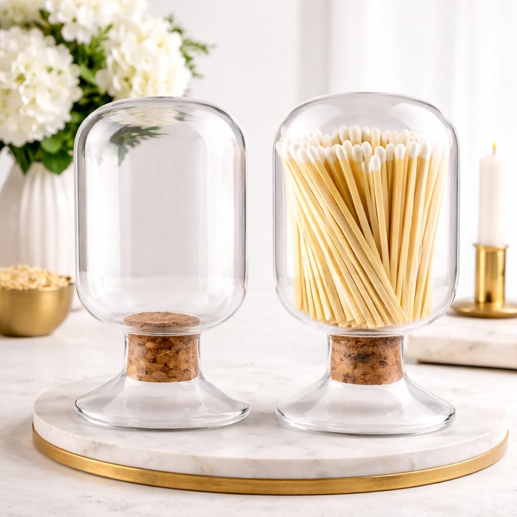 Decorative Glass Matches Cloche (Bottle ONLY) | Long Match Holder Jar for Farmhouse Coffee Table | Trending Gift Ideas Cute Candle Display