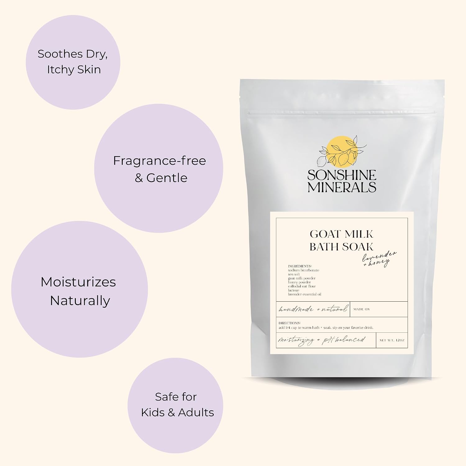 Goat Milk Bath Soak with Colloidal Oatmeal & Honey - Moisturizing Milk Bath for Dry & Sensitive Skin - Natural Bath Soak for Itchy Skin Relief - Sonshine Minerals (12 Ounce)