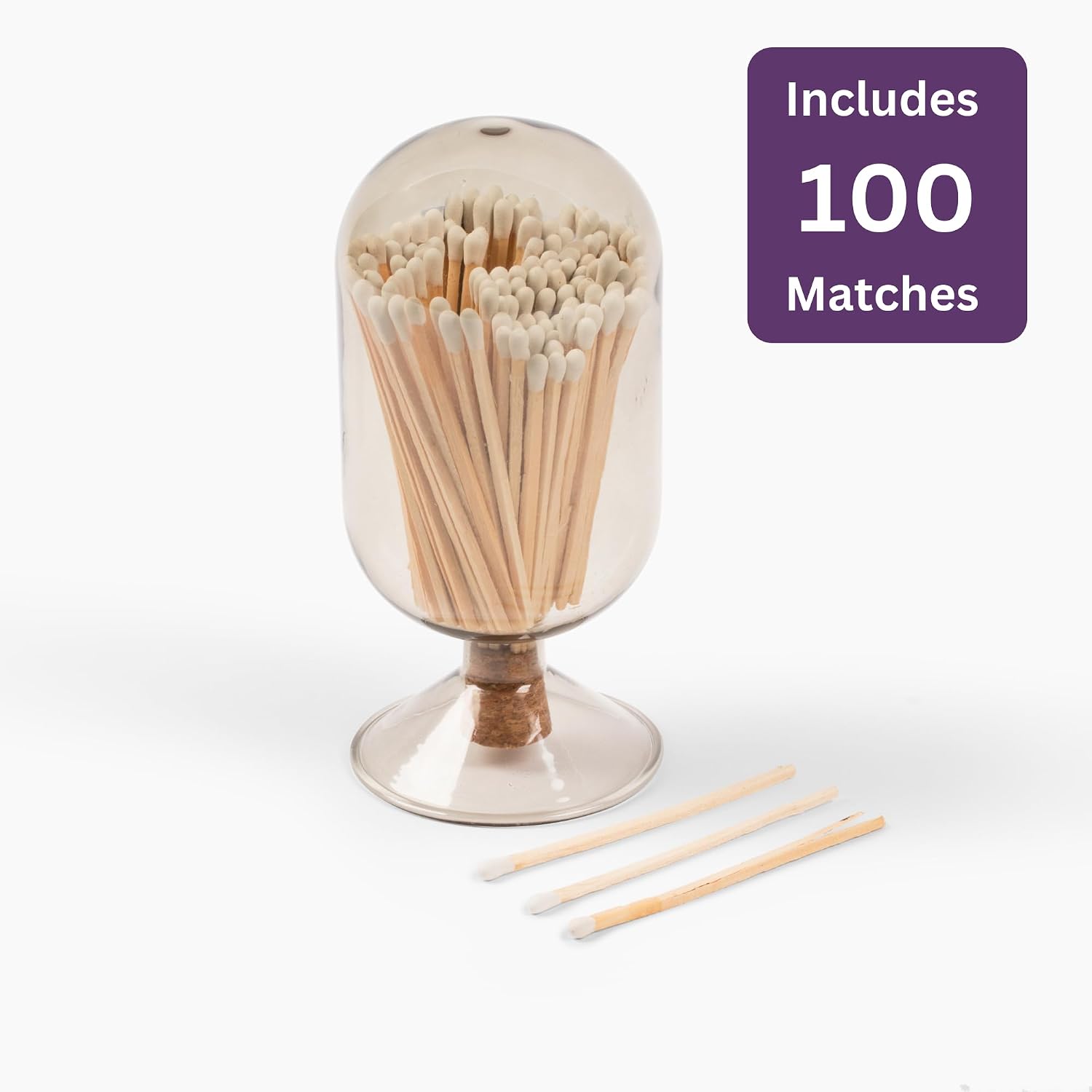 Premium Glass Match Cloche - Matches in a Jar with Striker. Great for Candles, Fireplace. Or Use Bottle for Bath Salts, Accessories. Includes Striker and Safety Matches (White)
