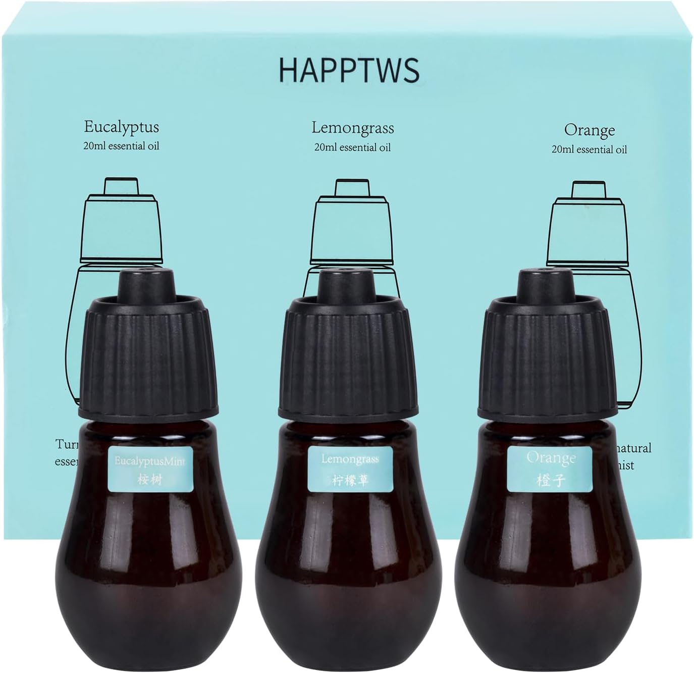 HAPPTWS Aromatherapy Essential Oil Set - 3-Piece Essential Oil Set in Three Flavors: Eucalyptus, Lemongrass, and Orange