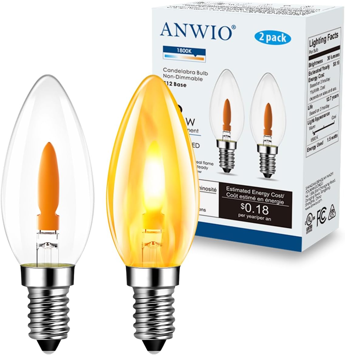 ANWIO Flicker Flame Light Bulbs 1.5W=3W, NonDimmable Flame Tip 1800K Warm Light Orange Glow Bulbs Crystal Clear Candle Bulb for E12 Chandelier Base (Clear, c35e12(2pack))