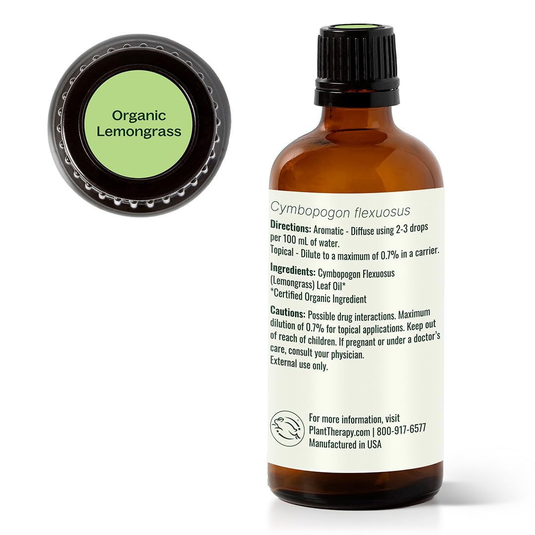 Plant Therapy Organic Lemongrass Essential Oil 100 mL (3.3 oz), 100% Pure, USDA Certified Organic, Undiluted, Aromatherapy, Deodorizing, and Immune Support