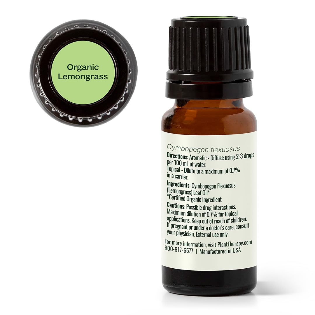 Plant Therapy Organic Lemongrass Essential Oil 10 mL (1/3 oz), 100% Pure, USDA Certified Organic, Undiluted, Aromatherapy, Deodorizing, and Immune Support