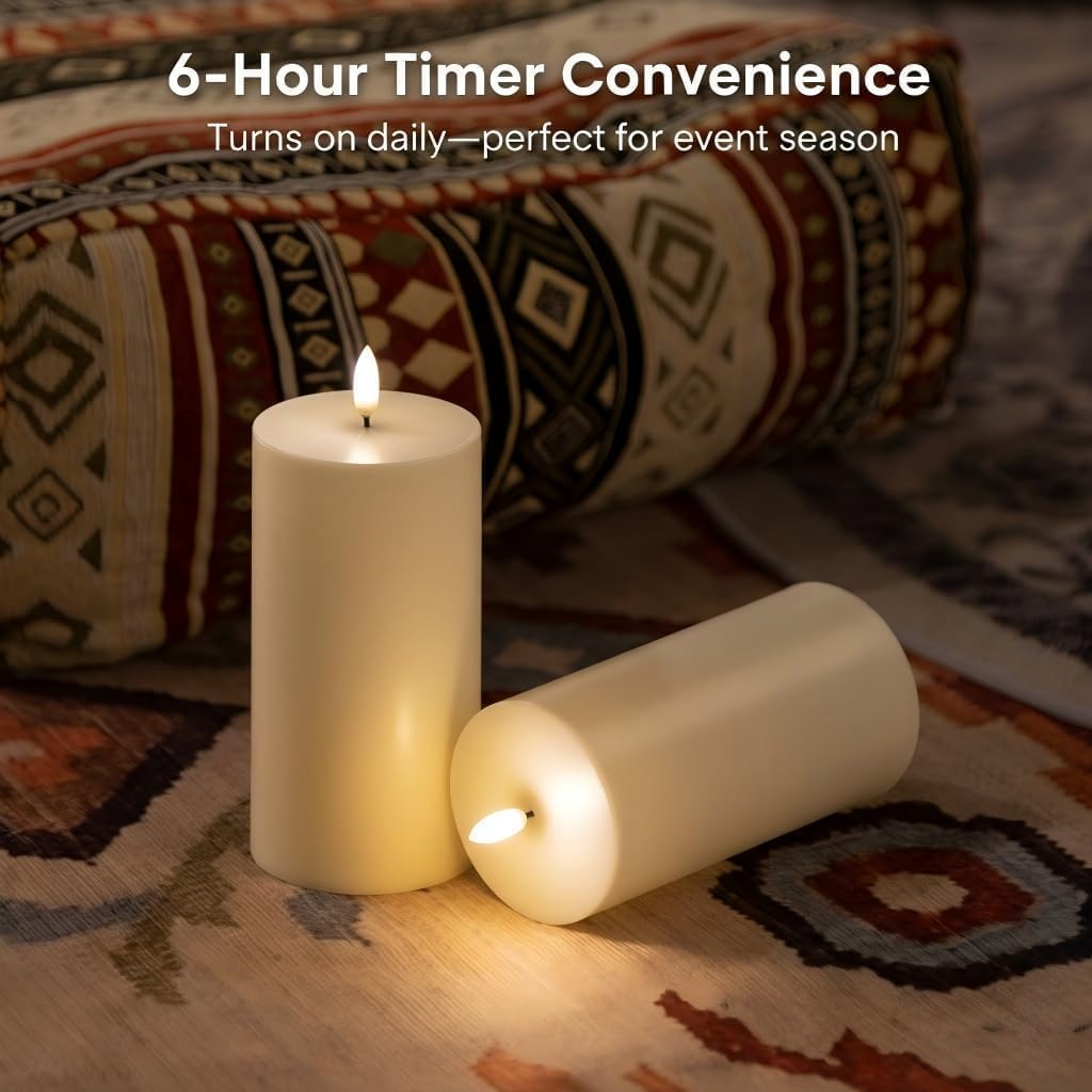 ANGELLOONG Flameless Pillar Candles with Timer, 2 Pack 3 x 6 Inch Waterproof Battery Operated Flickering LED Candle for Outdoor Wedding Table Decor