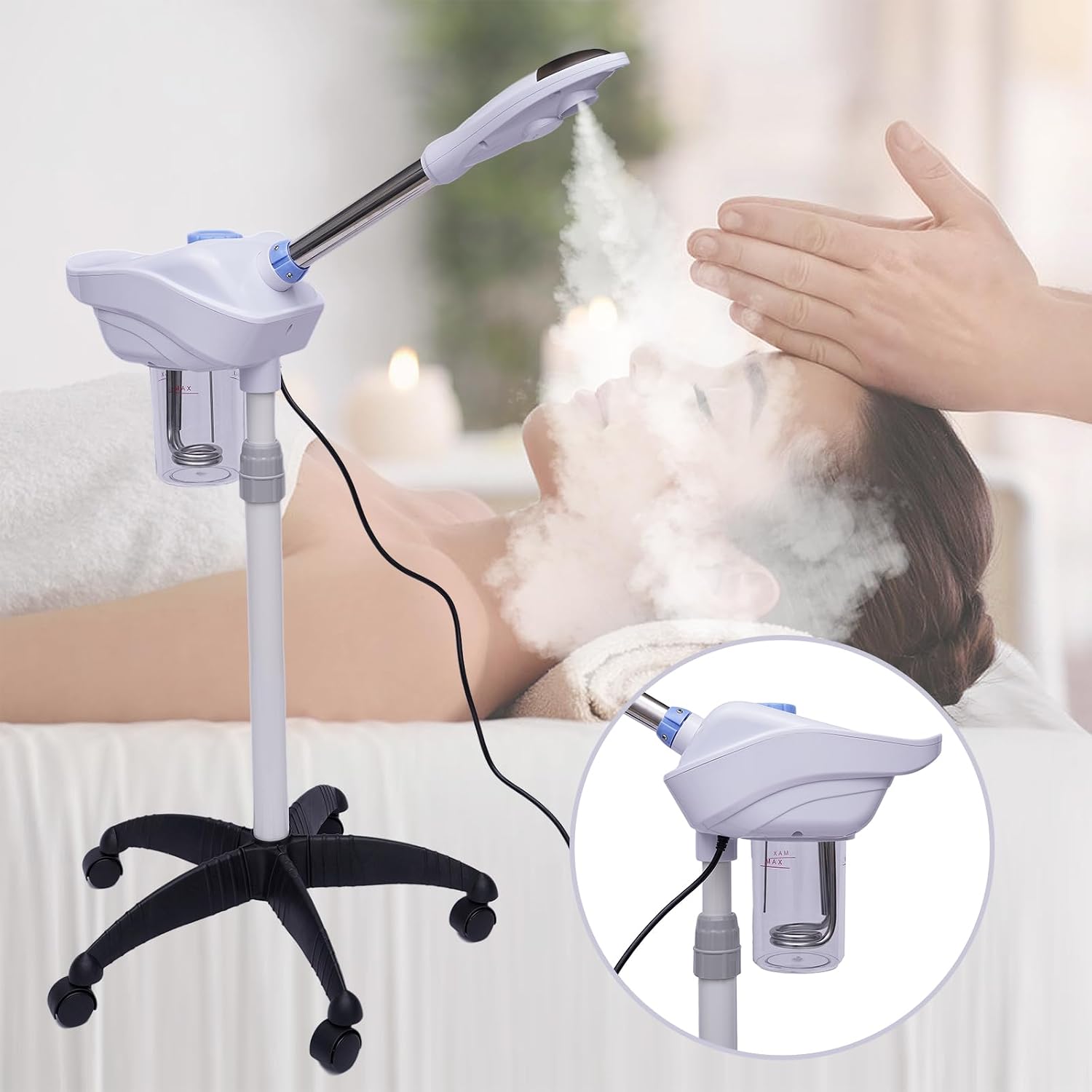 2 in 1 Vertical Roller Facial Steamer, Portable Removable Steamer Professional Beauty Misting Machine, Warm Steam Facial Humidifying Device with 360°Rotatable Nozzle and Herbal Mug
