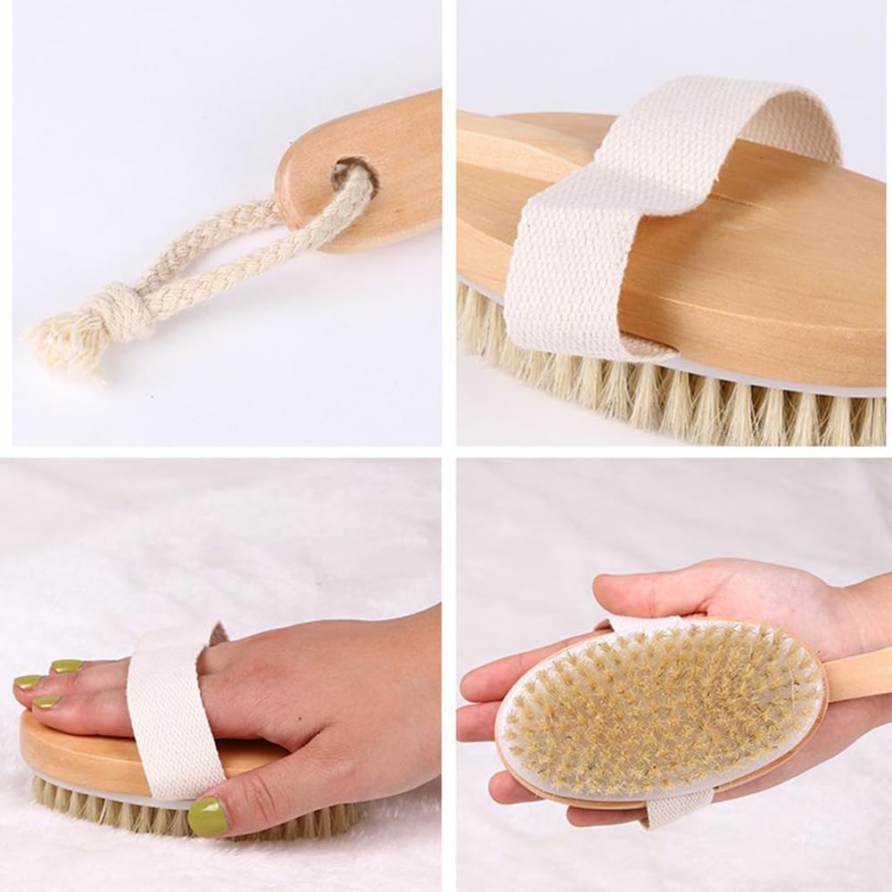 Dry Brushing Body Brush Set, Natural Boar Bristle Dry Brush, Bamboo Exfoliating Body, Face, Foot, Long Handle Back Scrubber Brush for A Glowing Skin, 5 Pack