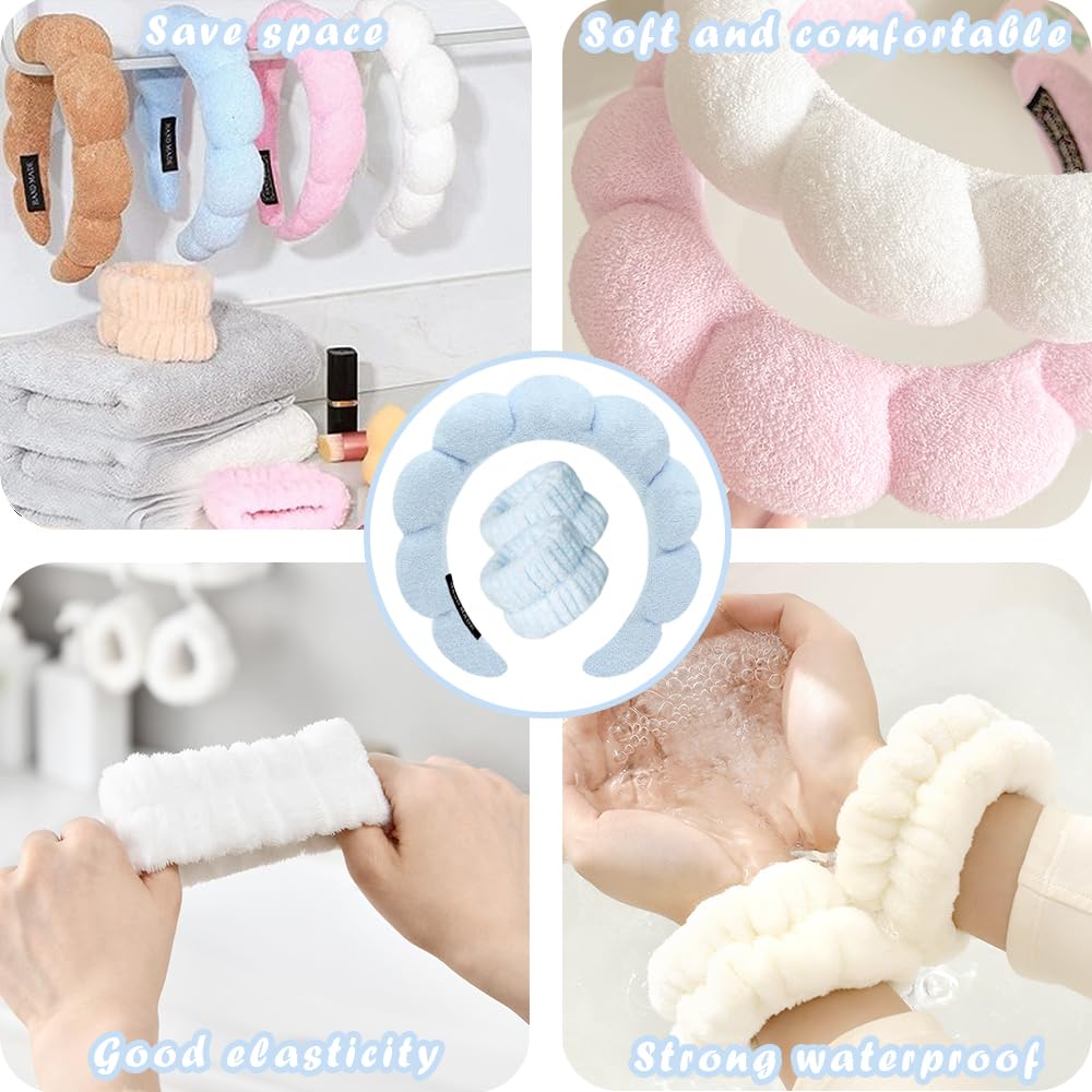 Spa Headbands for Washing Face Wristband Set Sponge Makeup Skincare Headband Wrist Towels Bubble Soft Terry Towel Cloth Hairband for Women Puffy Headwear Non Slip Thick Thin Hair Headwear (Blue)