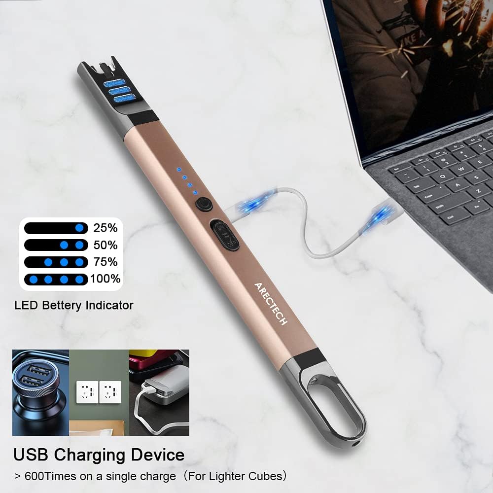 ARECTECH Electric Candle Lighter Rechargeable USB Long Lighter for Candle Cooking Camping BBQs Fireworks Champagne Gold