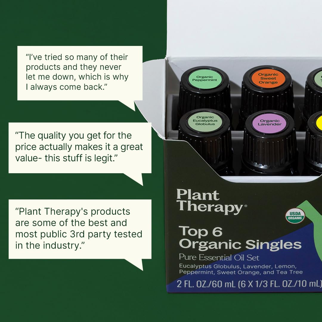 Plant Therapy Top 6 USDA Organic Essential Oil Set - Lavender, Peppermint, Eucalyptus, Lemon, Tea Tree 100% Pure, Natural Aromatherapy, for Diffusion & Topical Use, Therapeutic Grade 10 mL (1/3 oz)
