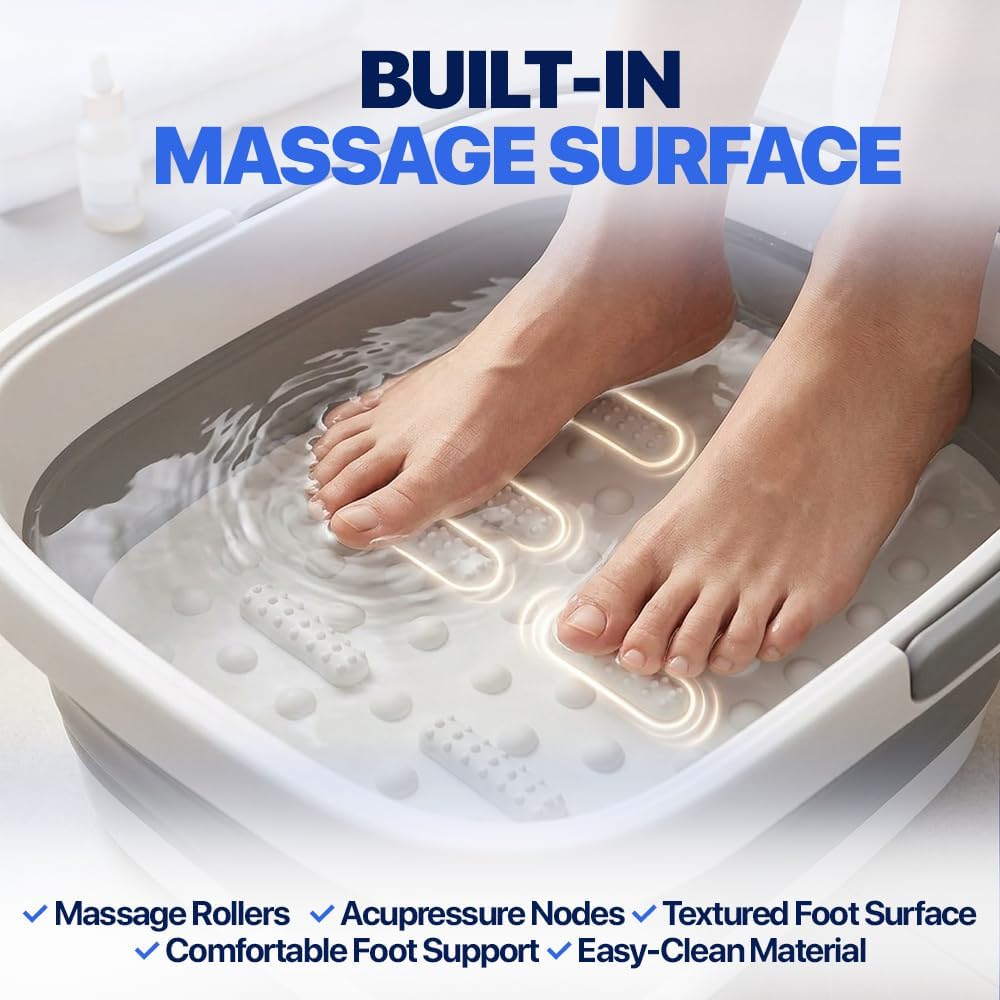 AllSett Health Collapsible Foot Bath – Advance Feet Soaking Tub with Portable Design and Handle – Foldable Pedicure Foot Spa Basin – Compact and Lightweight Soak Tub with Acupressure Points, White