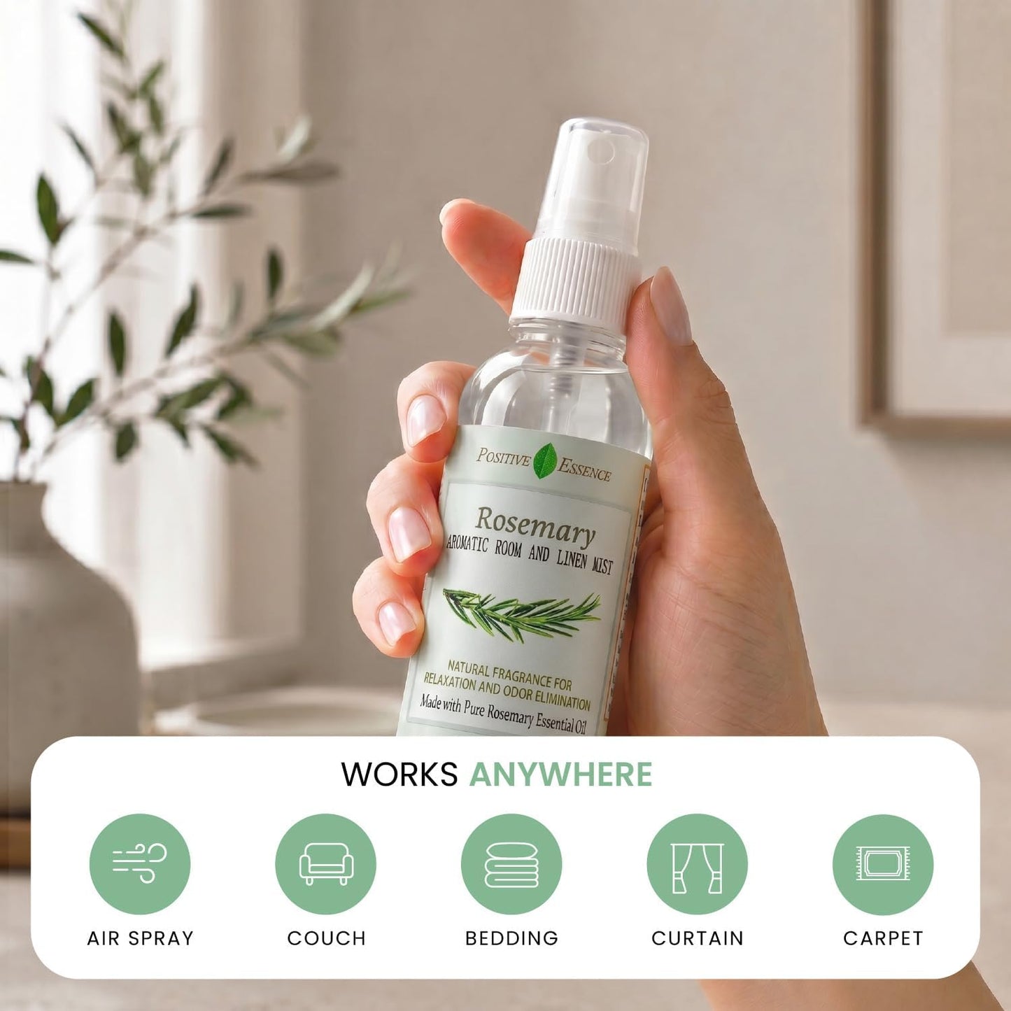 Rosemary Linen & Room Spray, Natural Aromatic Spray Made with 100% Pure Rosemary Essential Oil, Relaxing Home Fragrance (4.06 fl oz)