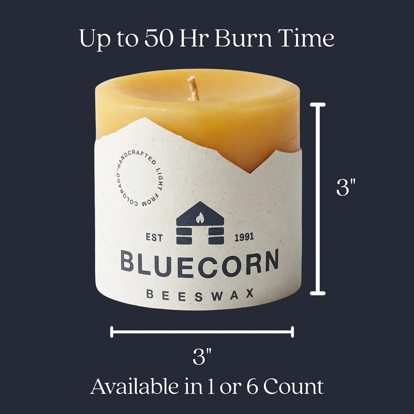 Bluecorn Beeswax Pillar Candle, 100% Pure Natural Bees Wax, Hand Poured 3x3 Candle, Clean Burning & Dripless, Long Lasting (50 Hrs), Paraffin, Soy & Fragrance Free, Home Decor, American Made, 1 Count