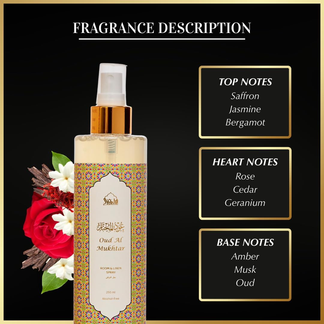 Oud al Mukhtar Arabic Room Spray by Dukhni | 250ml Oud fragrance Air Freshener, Attar al Faraash for home & prayer mats | Bed linen, Sofa Mist, natural home scent, curtain spray, odour eliminator