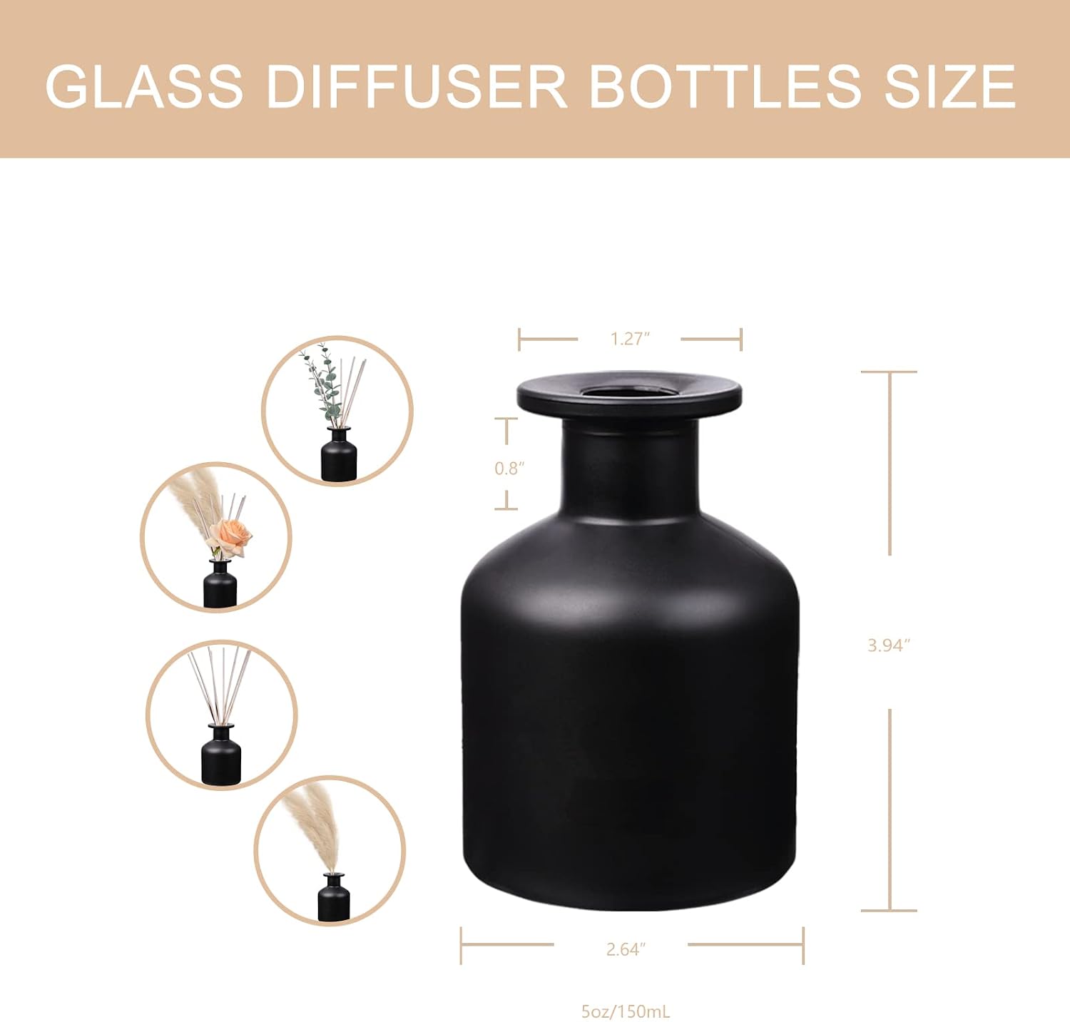 HOSSIAN Diffuser Glass Bottles Black -Empty Reed Diffuser Bottle with Sticks- Fragrance Accessories use for DIY Replacement Reed Diffuser Sets (Black)