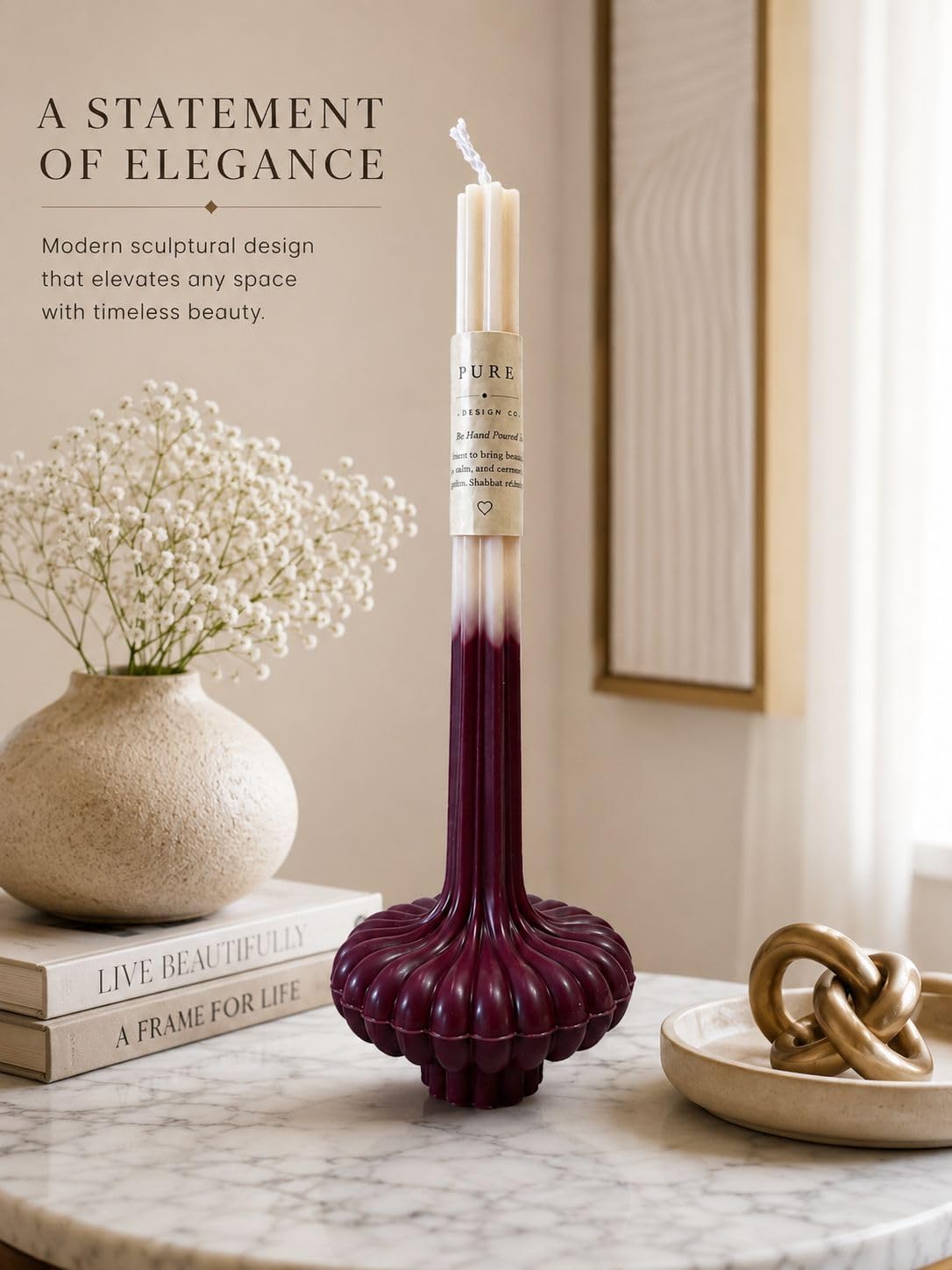 Luxury Havdalah Candle - 8 Inch Cream/Burgundy Sculptural Ceremony Candle for Havdalah Ritual, Judaica Gift & Home Decor Gift