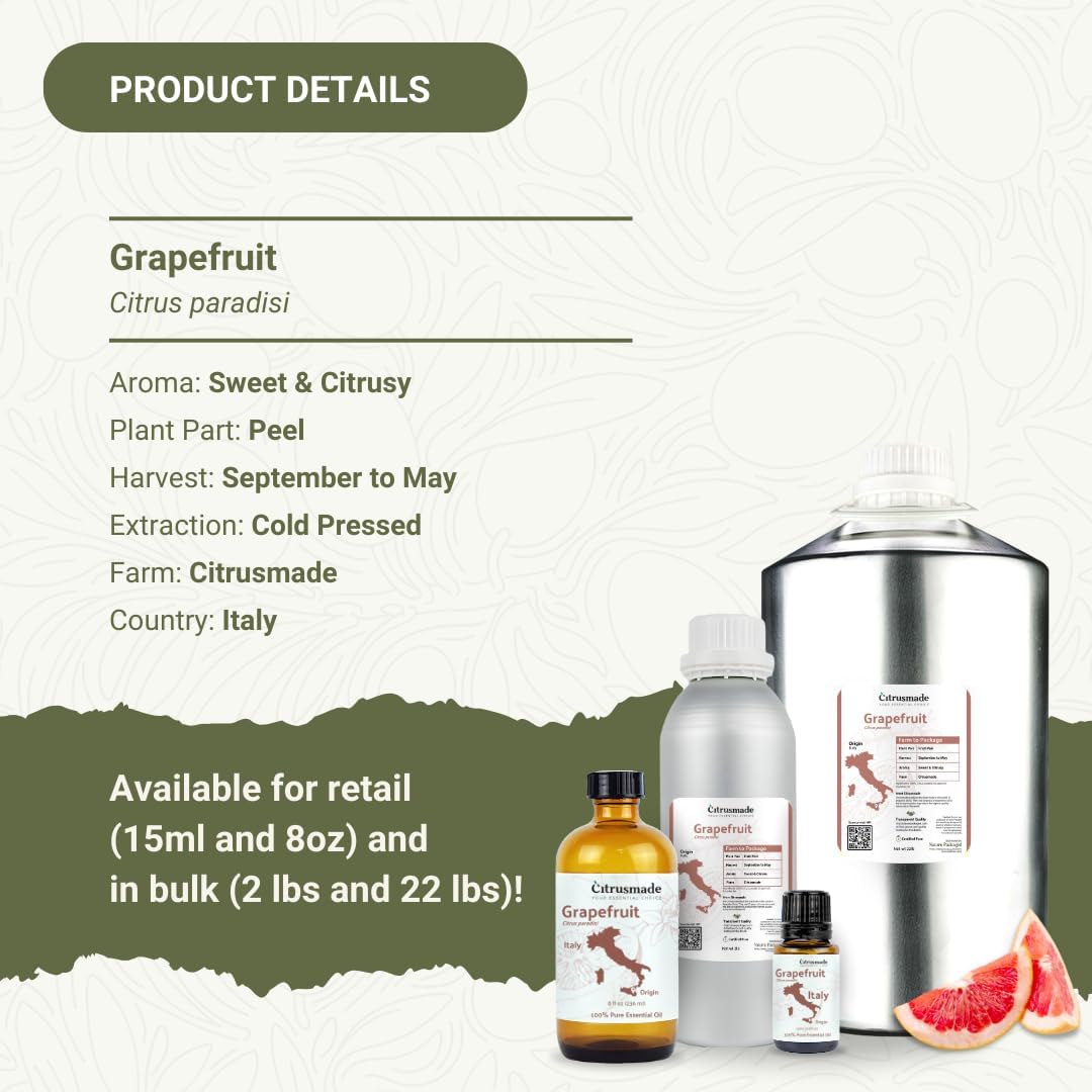 Grapefruit Essential Oil - Direct from Citrusmade in Sicily - Natural Aceite de Pomelo for Skin and Energy - Aromatherapy | 100% Pure Therapeutic Grade (8oz)